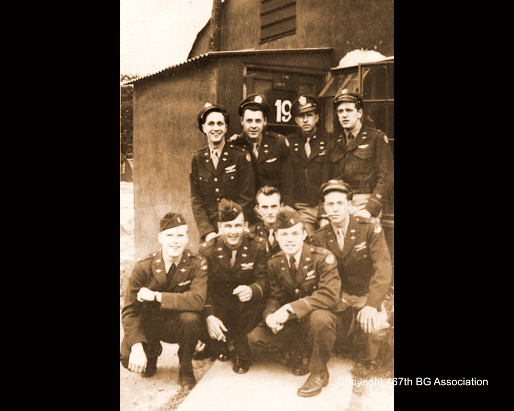 Flight Officers of the 790th BS standing in front of hut #19 on Site #10